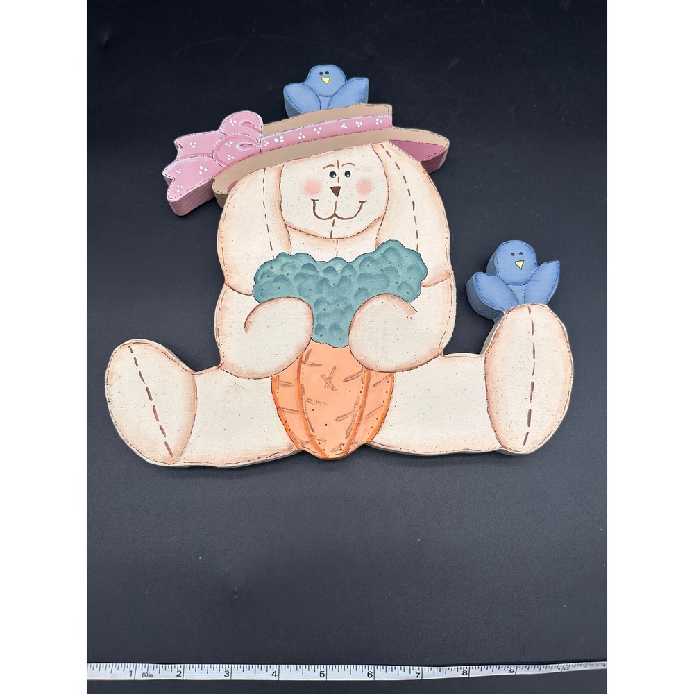 Vintage Rustic Hand Painted Wood Bunny Rabbit Decor 1998 Easter Blue Bird